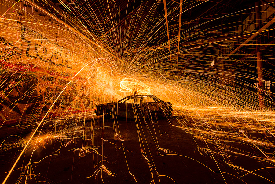 Sparks from burning steel wool. 25 second exposure